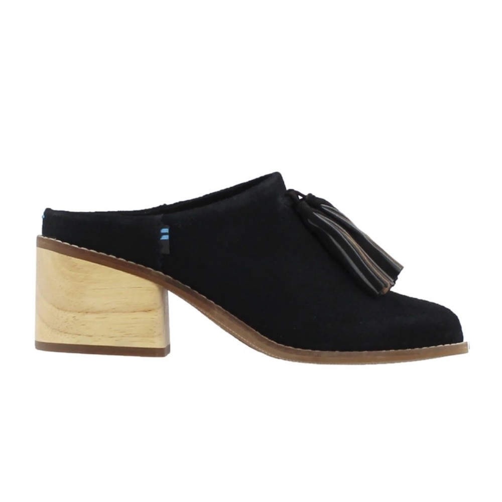 TOMS Leila black suede tassel mules size 8 LIKE NEW - Picture 4 of 10